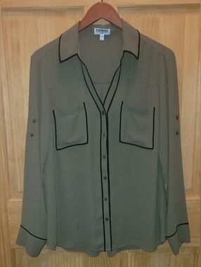 Express Green with Black Trim and Button Up Sleeve Blouse. Large Slim Fit
